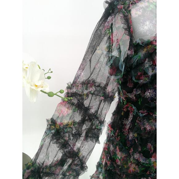 Beulah Womens Large Sheer Black Floral Ruffle Tull Mesh Romantic Mini Dress - Picture 6 of 14